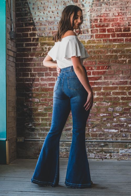 Mid Wash High Waist Front Button Flares