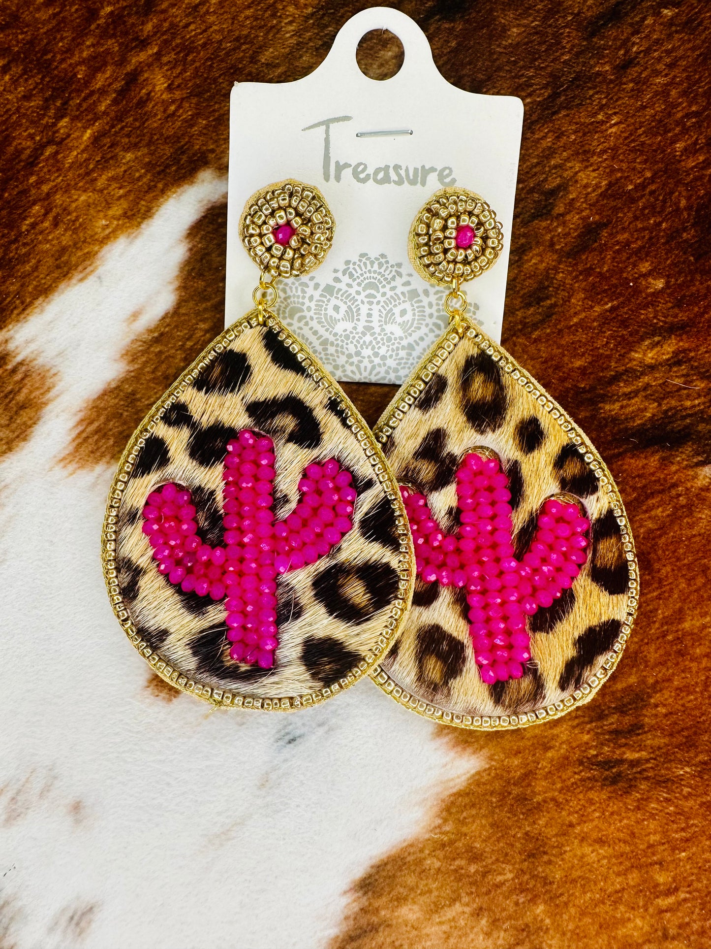 Leopard Leather Cactus Stud Earrings- Pink
