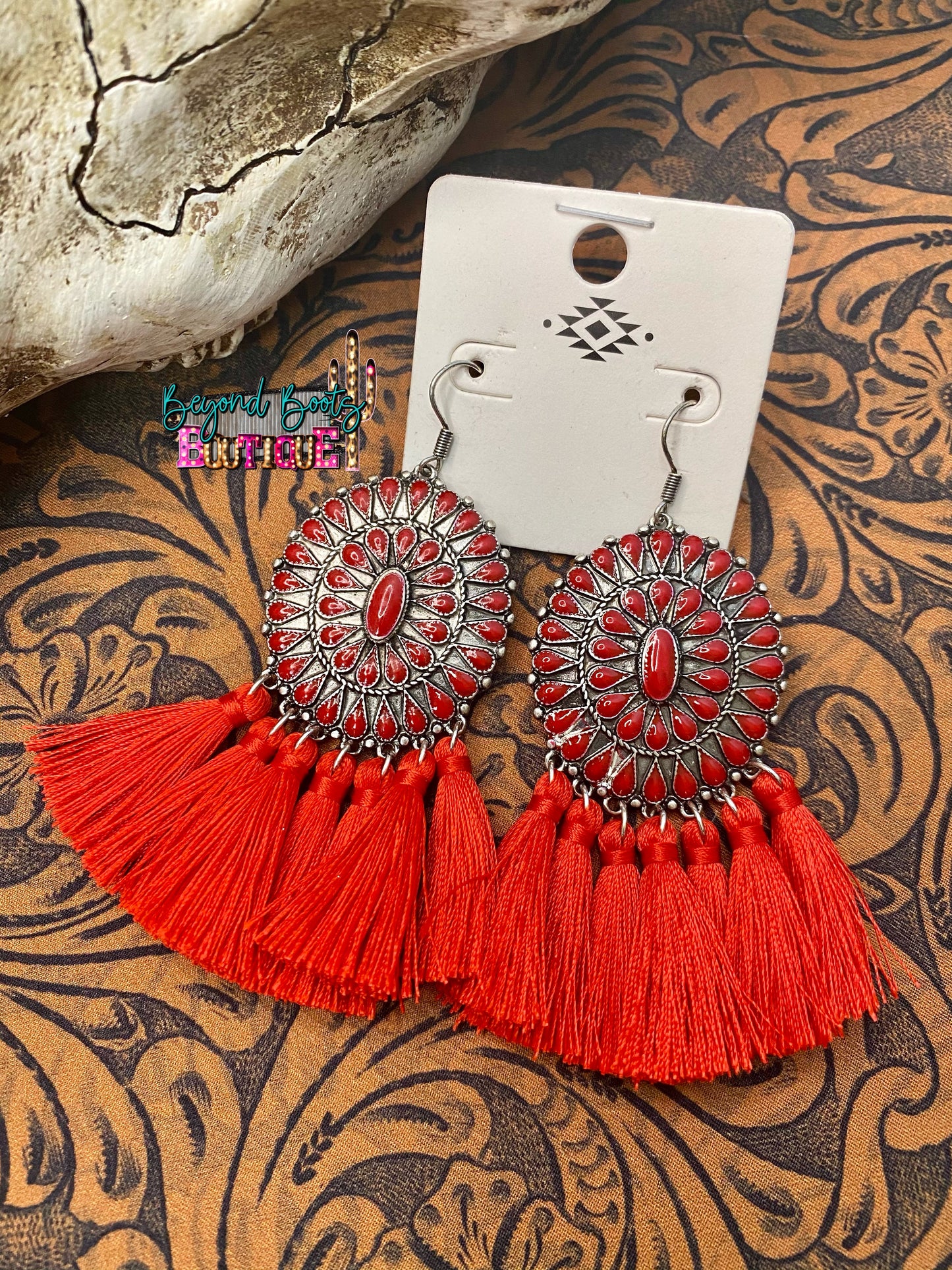 Concho Tassel Earrings- Red