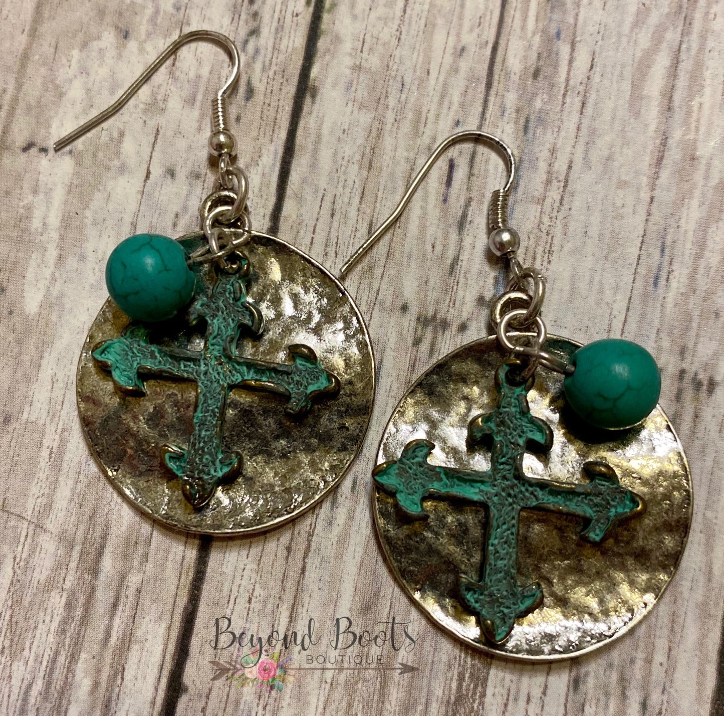 Round Silver & Teal Cross Charm Earrings