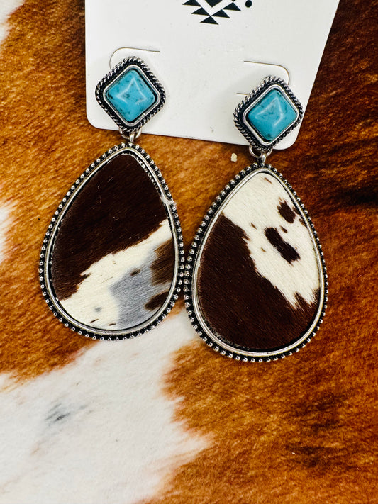 Genuine Cow Fur Teardrop Leather Stud Earrings