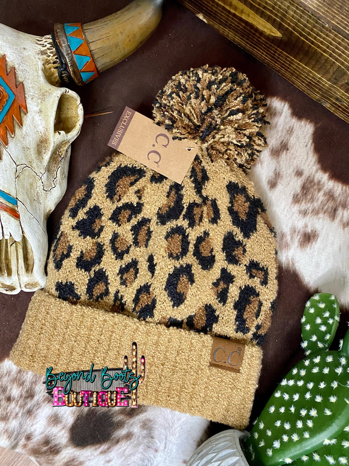 C.C Leopard Knit Beanie w Pom