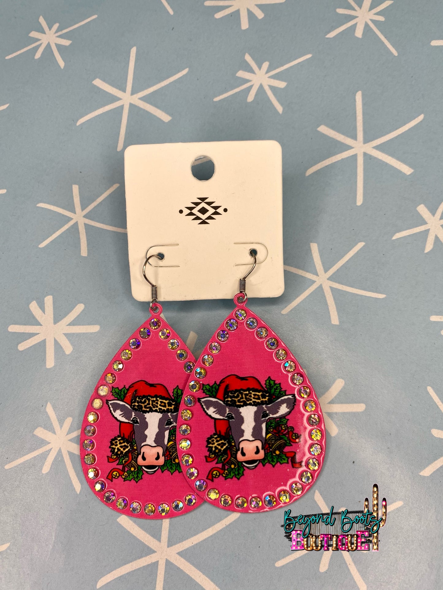 ER1374 Pink Cow Christmas Earrings